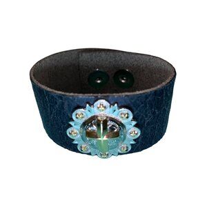 Handcrafted Leather Bracelet Ornate Cross Gold Silver Concho